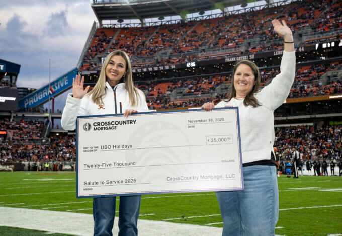 The CrossCountry Mortgage Check Presentation to the USO during a NFL football game between the Baltimore Ravens and Cleveland Browns on November 16, 2025 at Huntington Bank Field. The Browns lost 16-23.