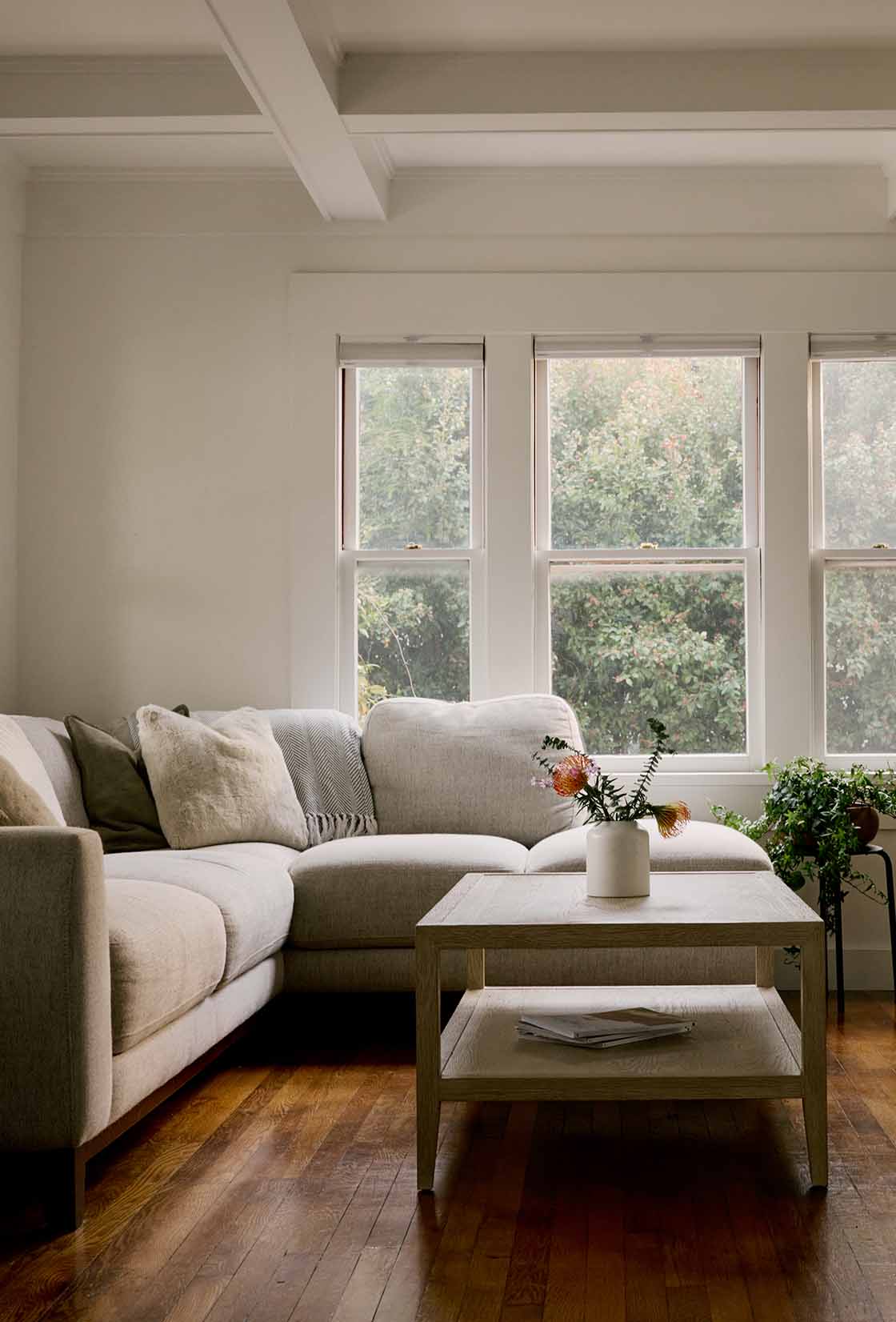 Neutral living room with fireplace.
