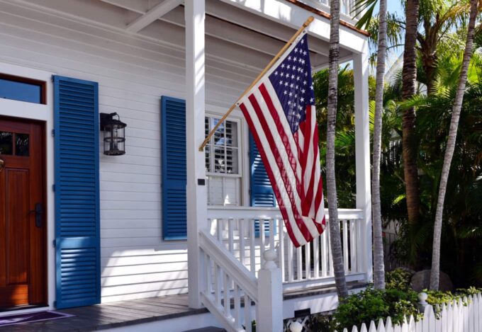 United States flag on a front porch